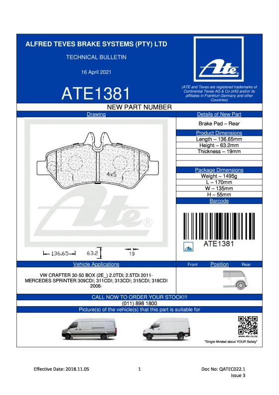ATE1381 NEW! Brake pad for VW & Mercedes featured image